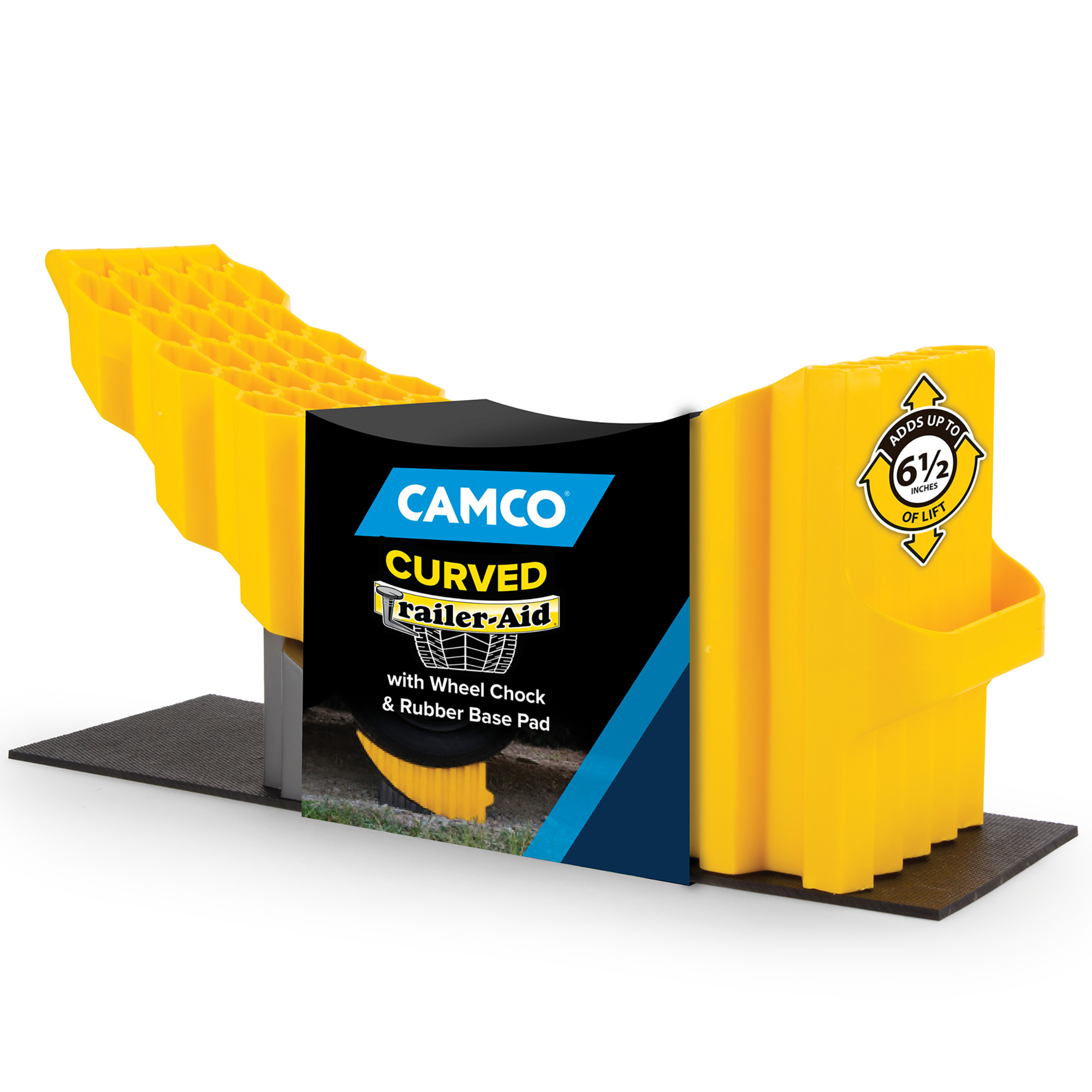 Camco Curved Trailer-Aid with Chock and Pad — Heavy-Duty Honeycomb Design — Holds up to 9,000 lb — Compatible w/Trailers Up to 20,000 lb with Tires up to 32" in Diameter
